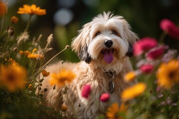 Cute dog playing in flowery park., generative IA