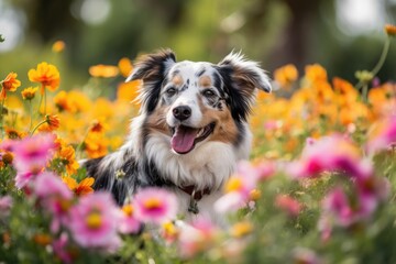 Cute dog playing in flowery park., generative IA