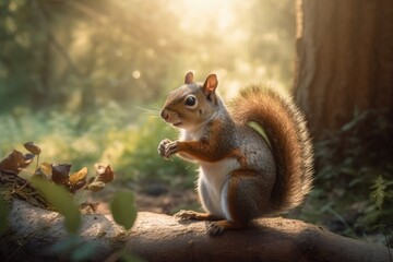 Cute squirrel jumping in the forest with walnut. ?????, generative IA