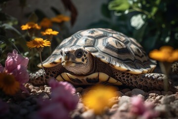 Cute turtle resting in colorful garden. Natural serenity., generative IA