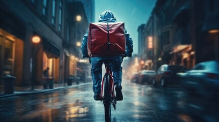 Ai generative image of food delivery man riding a bicycle on a city street with a large backpack in the rain - obrazy, fototapety, plakaty