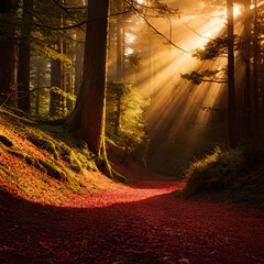 Amazing bright red landscape, idyllic and peaceful wild. Generative AI