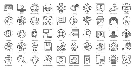 Artificial Intelligence Thin Line Icons Robotics AI Technology Icon Set in Outline Style 50 Vector Icons in Black