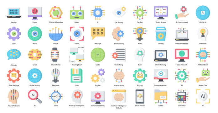 Artificial Intelligence Flat Icons Robotics AI Technology Icon Set in Color Style 50 Vector Icons