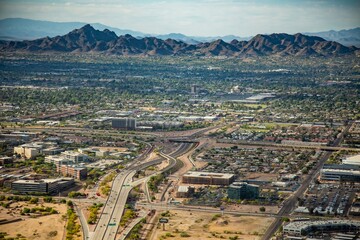 Aerial view of Phoenix, Arzona near Sky Harbor Interational airport.  Tonto National Forest in background