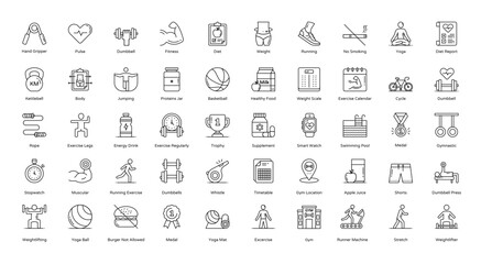 Fototapeta na wymiar Exercise Thin Line Icons Sport Fitness Exercises Icon Set in Outline Style 50 Vector Icons in Black