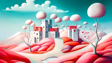 Poster Paysage futuriste coloré et gai - Paysage surréaliste rose - Générative ia © Concept Photo Studio
