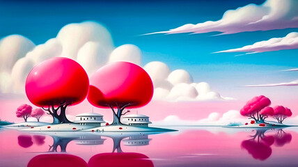 Paysage futuriste coloré et gai - Paysage surréaliste rose - Générative ia - obrazy, fototapety, plakaty