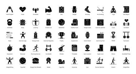 Exercise Glyph Icons Sport Fitness Exercises Icon Set in Glyph Style 50 Vector Icons in Black