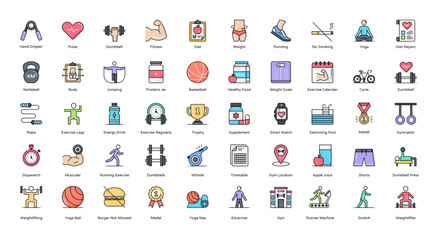 Exercise Color Line Icons Sport Fitness Exercises Icon Set in Filled Outline Style 50 Vector Icons
