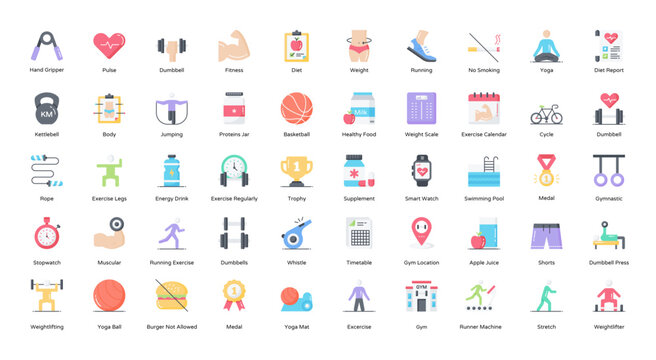 Exercise Flat Icons Sport Fitness Exercises Icon Set in Color Style 50 Vector Icons 