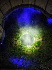 a fontain in blue light with smoke 