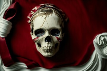 A White Skull With A Red Ribbon Around Its Neck - obrazy, fototapety, plakaty
