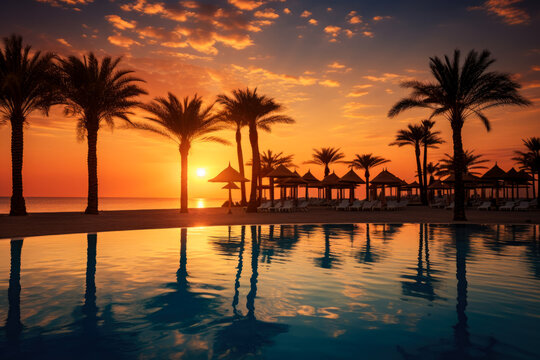 Silhouette of palm trees with reflection in swimming pool at sunset