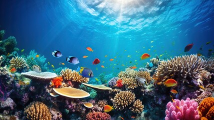Naklejka na ściany i meble a colorful coral reef with tropical fish and corals under water. generative ai