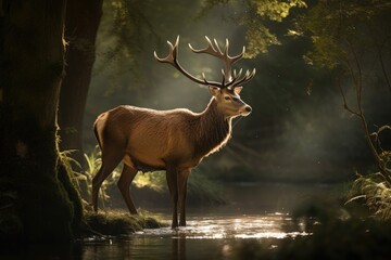 Majestic deer in woods at dusk., generative IA
