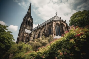 Majestic Gothic church surrounded by roses., generative IA