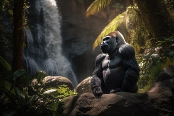Gorilla majestic in its natural habitat, surrounded by lush vegetation and a waterfall in the background., generative IA