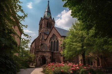 Fototapeta na wymiar Majestic Gothic church surrounded by roses., generative IA