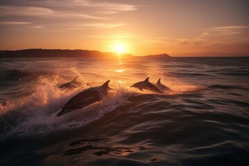 Dolphins jumping in the sea at sunset. ????, generative IA