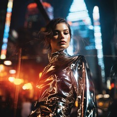 Obraz premium Futuristic Outfit Shines: Holographic Foil Glam on NYC Streets - Model Woman Photo