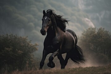 Black horse galloping in countryside. Majestic and free., generative IA