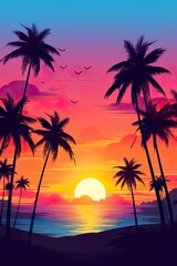 Obraz na płótnie Canvas Tropical sunset with palm trees silhouette and beautiful dusk colorful sky background. Illustration AI 