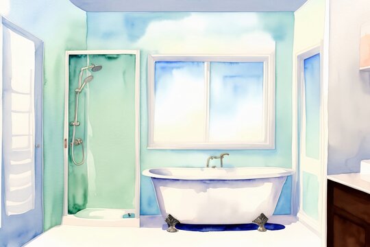 A Painting Of A Bathroom With A Tub And A Window