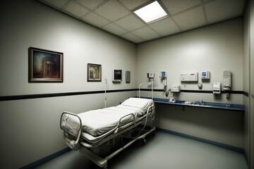 A Hospital Room With A Bed In The Middle Of The Room