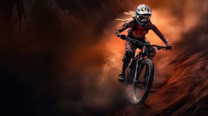 Obraz premium A female bicyclist riding in a mountainous terrain. Extreme cycling. Cycling sport