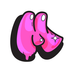 Cartoon pink doodle m letter in graffiti throw up style
