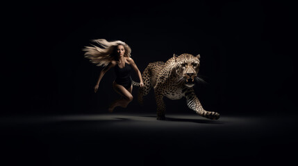 Athletic woman running with cheetah illustration generative ai 