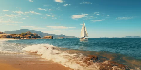 Fototapeten Coastal adventure, Beautiful beach with sailing boat, embracing active lifestyle. A sailing boat docked on the beach, nobody. Horizontal wallpaper. © dinastya