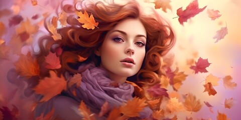 Obraz na płótnie Canvas Autumn fantasy woman, generative ai portrait fairy female with autumn leaves