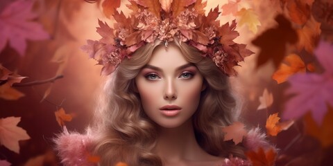 Autumn fantasy woman, generative ai portrait fairy female with autumn leaves