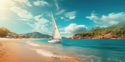 Obraz premium Coastal adventure, Beautiful beach with sailing boat, embracing active lifestyle. A sailing boat docked on the beach, nobody. Horizontal wallpaper.