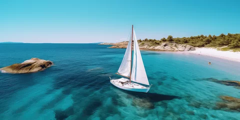 Wandaufkleber Coastal adventure, Beautiful beach with sailing boat, embracing active lifestyle. A sailing boat docked on the beach, nobody. Horizontal wallpaper. © dinastya
