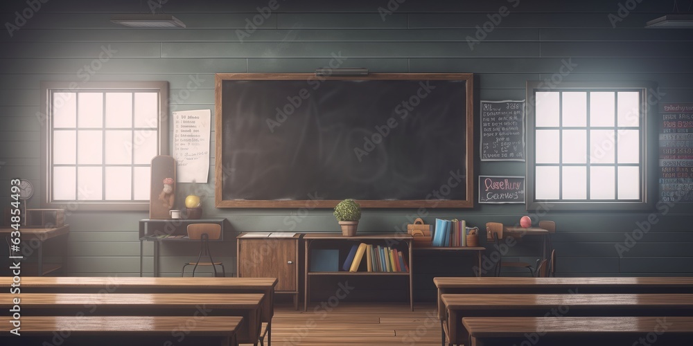 Poster blackboard in empty classroom, generative ai image of blank chalkboard