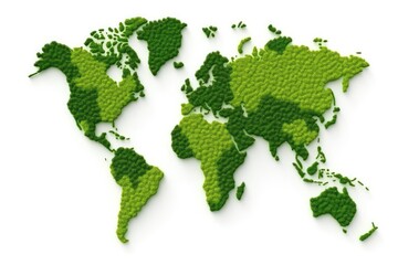 Green Map of the World Isolated forest or tree shape on a white background. On Earth Day or Environment Day, create a global map of the green planet. A green planet and an electric automobile. The