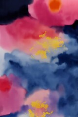 An Abstract Painting Of Pink, Blue, And Yellow Flowers