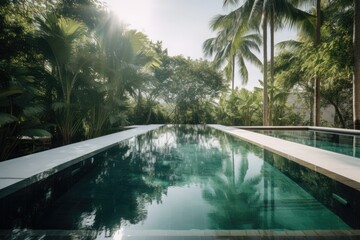 Modern tropical pool, elegant deck, and tall palm trees., generative IA
