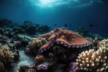 Fototapeta na wymiar Colorful octopus dancing on sea corals., generative IA
