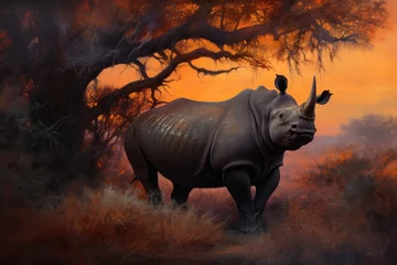 Keuken spatwand met foto Majestic rhino emerges on the savannah at sunset.  PowerfulNature, generative IA © Gabriel
