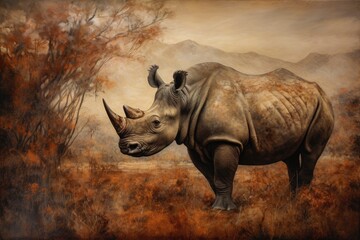Majestic rhino emerges on the savannah at sunset. #PowerfulNature, generative IA