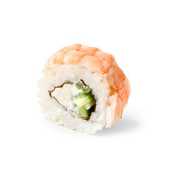 Sushi roll with shrimp and cream cheese on white background, close-up