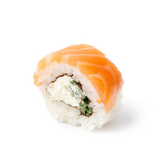 Sushi roll with salmon, cucumber and cream cheese on a white background, close-up.