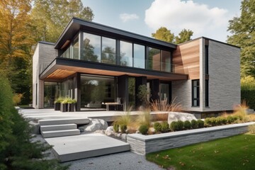 Fototapeta na wymiar Modern house with elegant design, garden and sophisticated interiors., generative IA