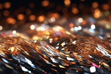 Abstract background with bokeh defocused lights and sparkles. Glittering golden ribbon with bokeh effect on black background. Selective focus. 