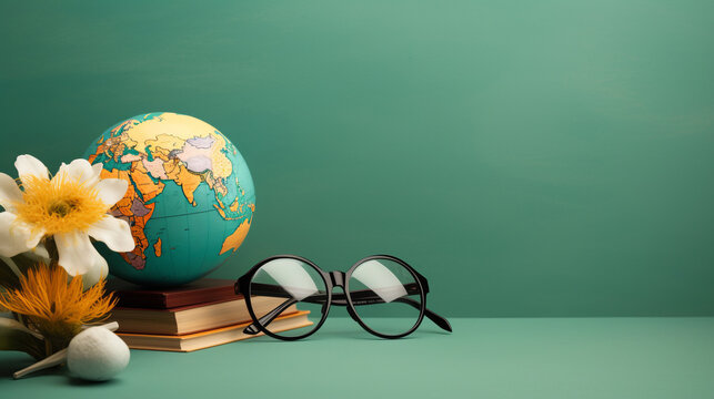 Happy Teachers Day Banner, A Desk With Books, Globe And Stationery