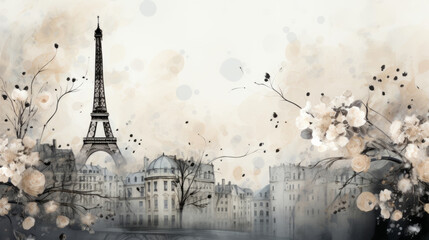 Watercolor thin black outline flowers in the foreground against a faded misty background of Paris